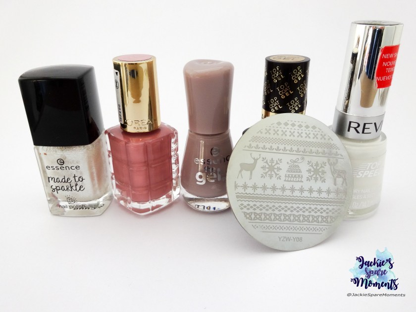 Essence Made to sparkle 02 don't be too shy to shine, L'Oreal 221 26 Rue Cremieux, Essence The Gel nail polish 99 tip top taupe, my L'Oreal Gel topcoat and Revlon Top Speed 335 Spirit, stamping plate YZWLE YZW-Y08