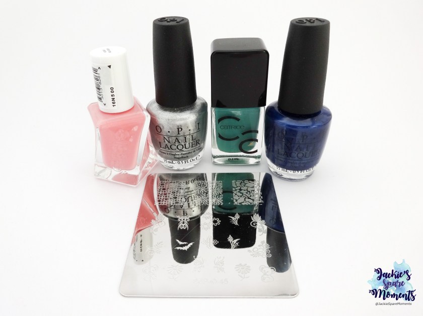 Essie Gel Couture stitch by stitch, OPI Unforst My Heart, Catrice ICONails 13 Mermaday Mayday, OPI Right off the Bat and Dashica plate SdP-45