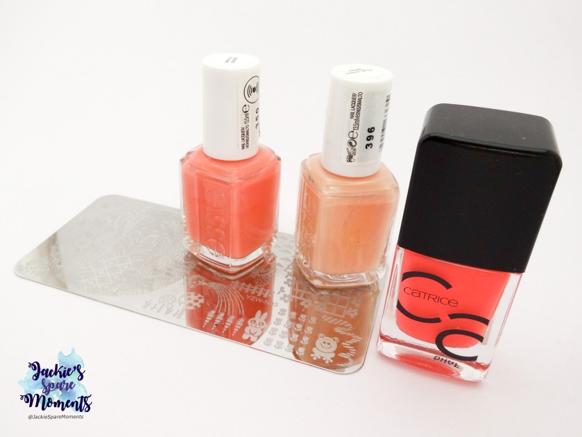 Essie stones n'roses, Essie high class affair, Catrice ICONails 07 Meet Me At Coral Island and YZWLE plate YZW-N03
