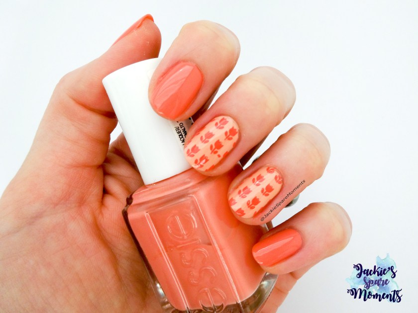 nail art with Essie stones n'roses, Essie high class affair, Catrice ICONails 07 Meet Me At Coral Island and YZWLE plate YZW-N03