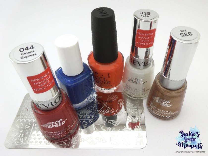 Revlon Top Speed 044 Orient Express, Essie Catch of the day, OPI Juice bar hopping, Revlon Top Speed 335 Spirit and Revlon Top Speed 835 24K (for stamping). Stamping plate by YZWLE