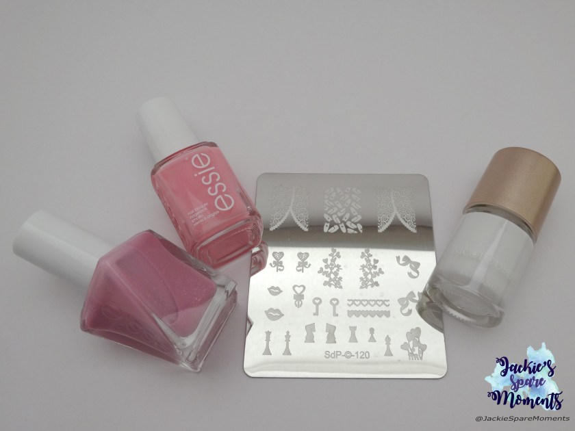 Essie Gel Couture moments to mrs., Essie need a vacation, Dashica stamping plate SdP-120 and Nicole Diary stamping polish white