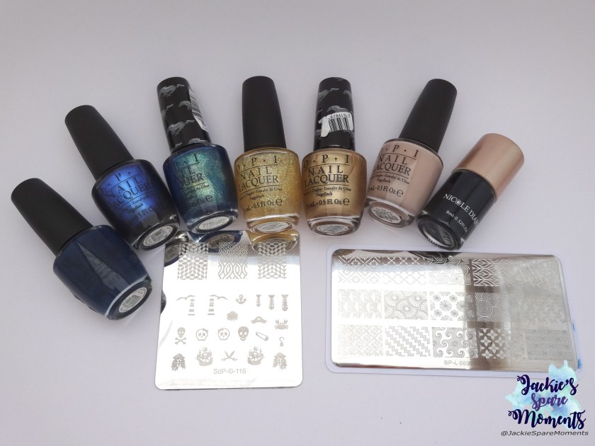 Left to right: OPI&nbsp;I saw... U saw... we saw... Warsaw, OPI&nbsp;Miss Piggy's big number, OPI&nbsp;The sky's my limit, OPI&nbsp;I don't speak meek, OPI&nbsp;50 years of style, OPI&nbsp;Do you take lei away, Nicole diary black. In the front Dashica SdP-116 and BornPretty BP-L 003.&nbsp;