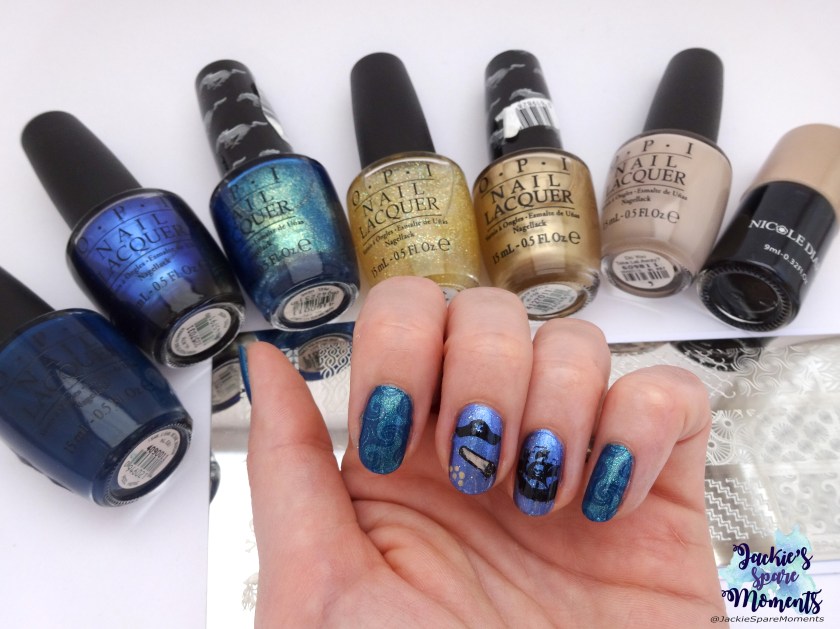 Pirate mani with materials used, OPI polish, Nicole diary stamping polish, stamping plates Dashica and BornPretty