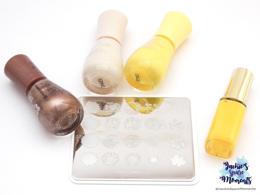 Essence the gel nail polish in 112 flamingold, 54 dream on, 38 love is in the air, L'Oreal color rich 834 Banana pop, KADS stamping plate Flower 036.