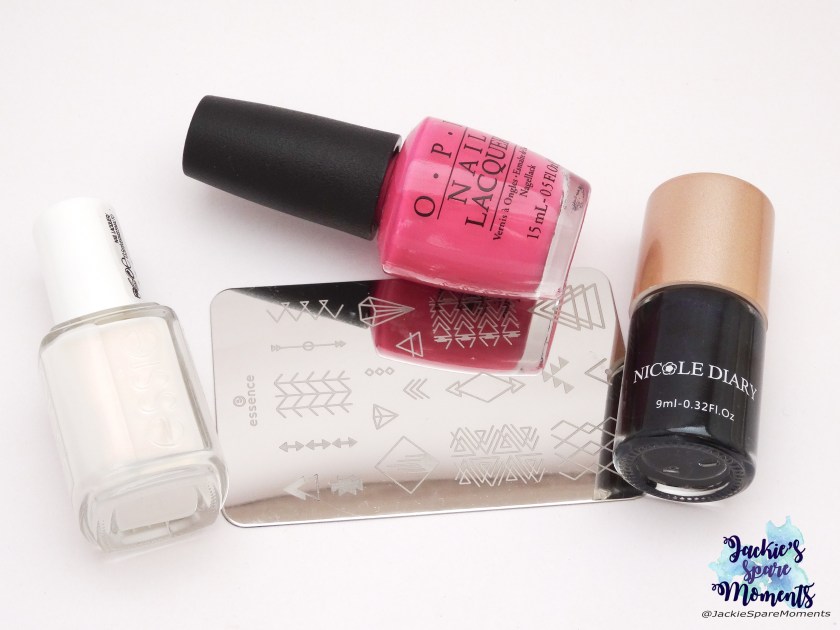 OPI Suzi has a swede tooth, Essie sweet soufflé, Nicole Diary stamping polish black, essence stamping plate