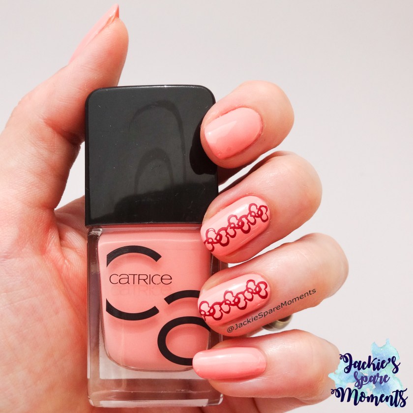 Sweet mani with stamped heart design in the pantone colours Blooming Dahlia and Spiced Apple