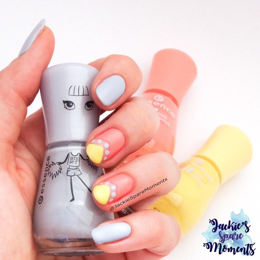 Negative space mani using all essence polishes. Shown are 115 rockablue, 24 Indian summer and 38 love is in the air