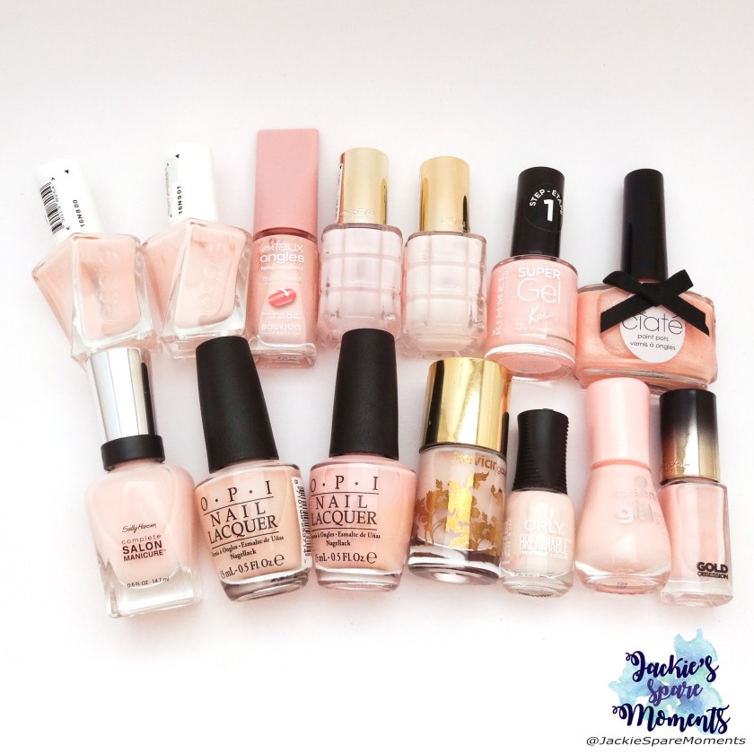 A selection of my collection pinkish nude nail polishes.