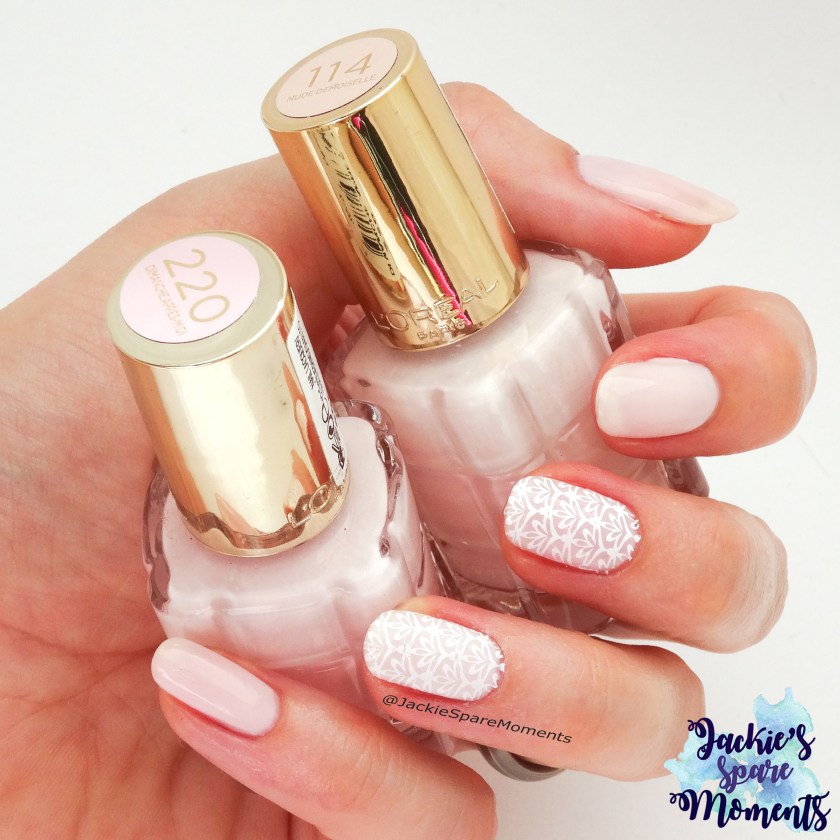 L'Oreal 220 Dimanche Apres-midi, L'Oreal 114 Nude Demoiselle stamped with a white design