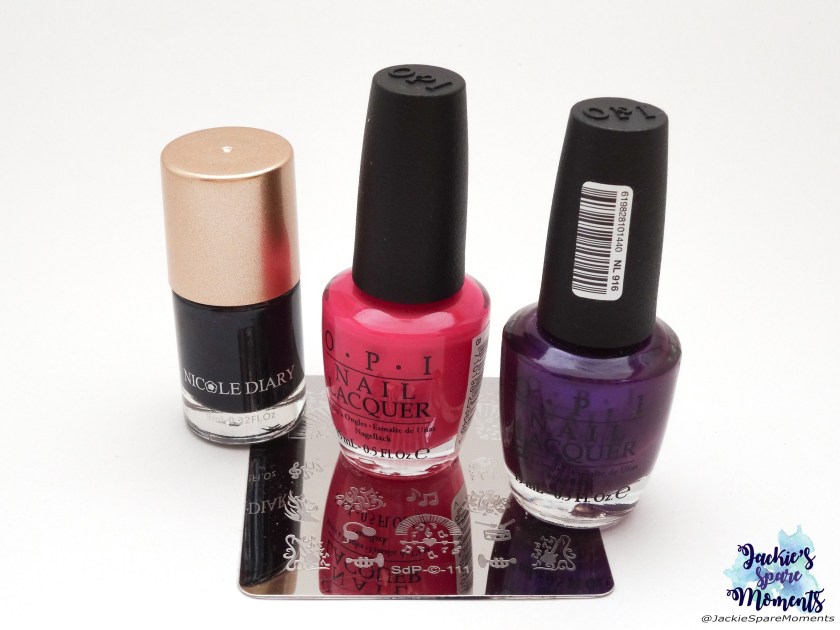 OPI Kiss me on my tulips, OPI My little petunia, Dashica stamping plate SdP-111, Nicole Diary stamping polish black