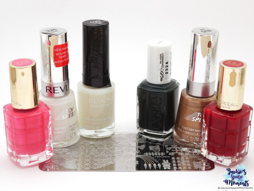 L'Oreal 228 Rose Bouquet, Revlon Top Speed 335 Spirit, Revlon Colorstay 030 Calla Lily, Essie Stylonomics, Revlon Top Speeds 835 24K, L'Oreal 552 Rubis Folies, YZWLE stamping plate YZW-N03.