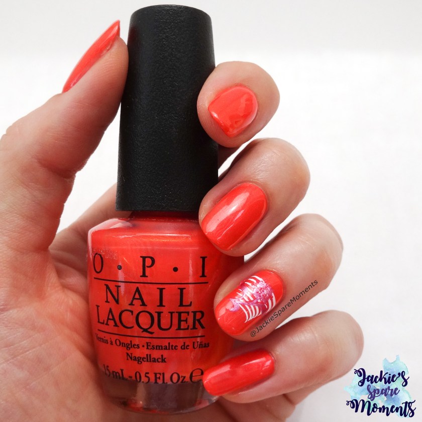 Manicure with OPI Down to the Core-al. A neon coral shade with shimmer