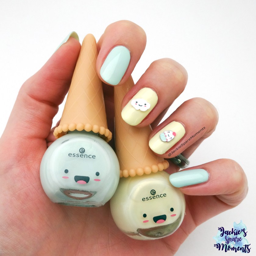 Nail art met essence Happy Kawaii nail polish 01 you're my flavourite, 03 uni-cone and 3D nail topping