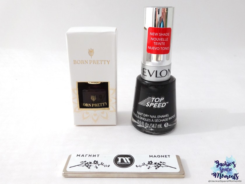 Born Pretty magnetic nail polish Astral Realm, Revlon Top Speed black magic, Masura magnet