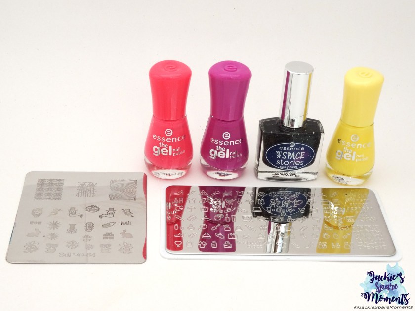 essence the gel nail polish 76 coral me crazy, 95 vibrant purple, essence out of space stories 07 1000 light years away, essence the gel polish 38 love is in the air, Dashica stamping plate SdP-84, Dashica stamping plate 022