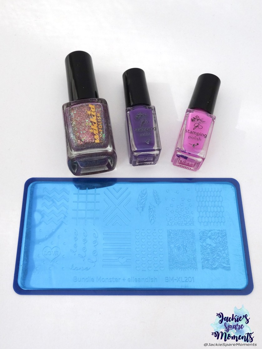 Wikkid polish I'm a magpie for pretties, CJS stamping polish 016 and 019, Maniology stamping plate BM-XL201