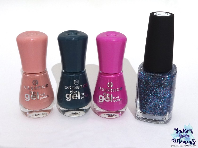 essence the gel nail polish 107 rosewood forest, 105 laguna beach, 95 vibrant purple, Kinetics solar gel Glitter Storm