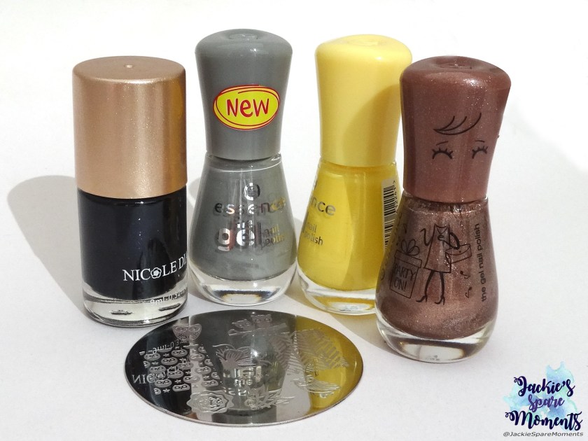 Nicole Diary stamping polish black, essence the gel nail polish 119 mud about you, essence the gel nail polish&nbsp;38 love is in the air, essence the gel nail polish 112 flamingold, stamping plate BP-54 BornPretty.