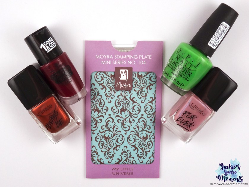 Catrice ICONails 58 Good Nails Only, essence Colourboost 09 instant passion, OPI Front Lawn, Catrice ICONails 63 Early Mornings, Big Shirt, Perfect Nails, Moyra stamping plate mini series no 104 My little universe