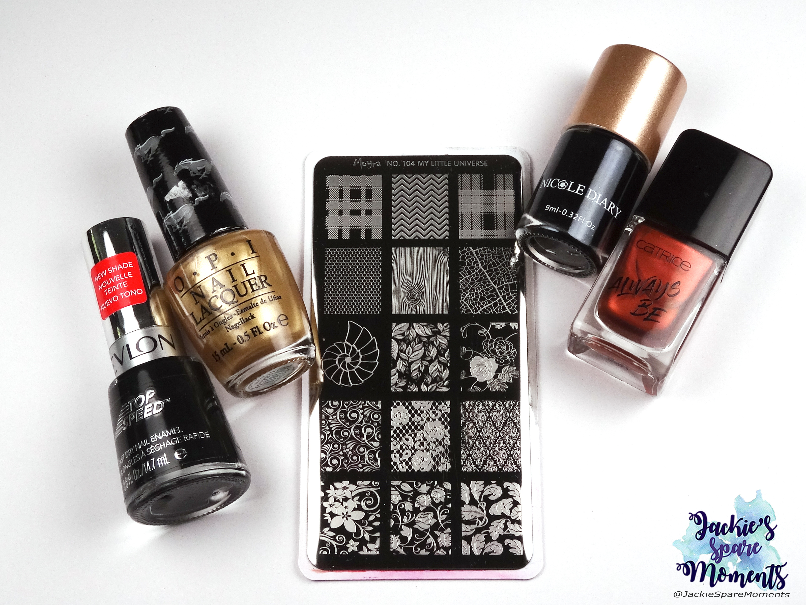 Revlon Black Magic, OPI 50 years of style, Moyra stamping plate 104, Nicole Diary black stamping polish, Catrice ICONails 58 Good Nails Only