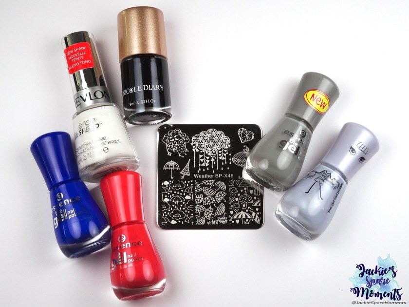 Materials used: essence the gel polish 119 mud about you, essence the gel polish 115 rockablue, essence the gel polish 90 hot red chili, essence the gel polish 31 electriiiiiic, Revlon 335 Spirit, Nicole Diary black stamping polish, BornPretty stamping plate Weather BP-X48