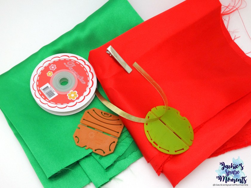 Green satin, red satin, gold ribbon, alligator clip, Clover Kanzashi Flower Maker Orchid Petal small size, Clover Kanzashi Flower Maker Gathered Petal small size