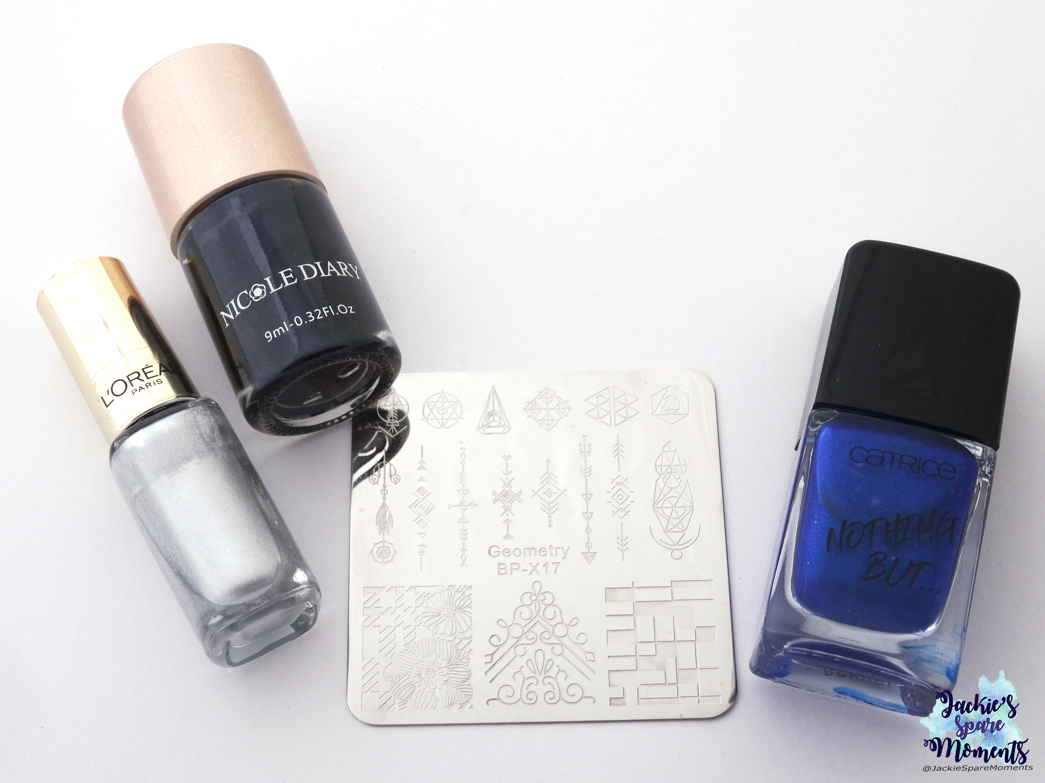 L'Oreal 819 Sublime Platine, Nicole Diary black stamping polish, Catrice 61 Me, Myself and My Polish, stamping plate BornPretty BP-X17