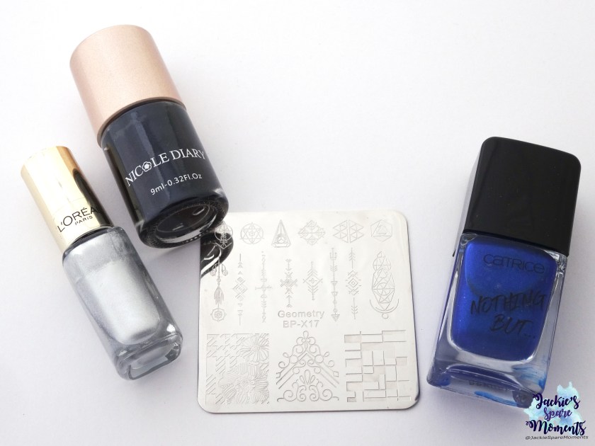 L'Oreal 819 Sublime Platine, Nicole Diary black stamping polish, Catrice 61 Me, Myself and My Polish, stamping plate BornPretty BP-X17