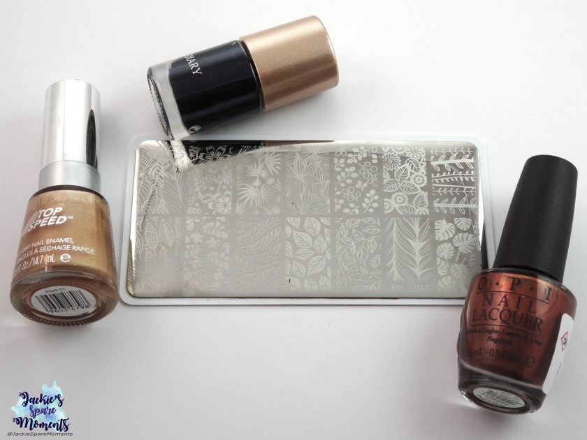 Materials used: OPI Brisbane Bronze, Revlon Top Speed 835 24K, black stamping polish, stamping plate BornPretty BP-L047