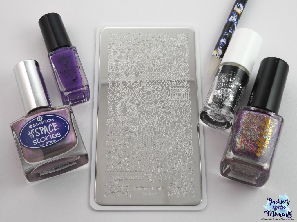 essence out of space stories 02 across the universe, CJS stamping polish 016, Wikkid polish I'm a magpie for pretties, essence loose glitter 01 star child, Dashica Infinity Nails 147, wax pencil