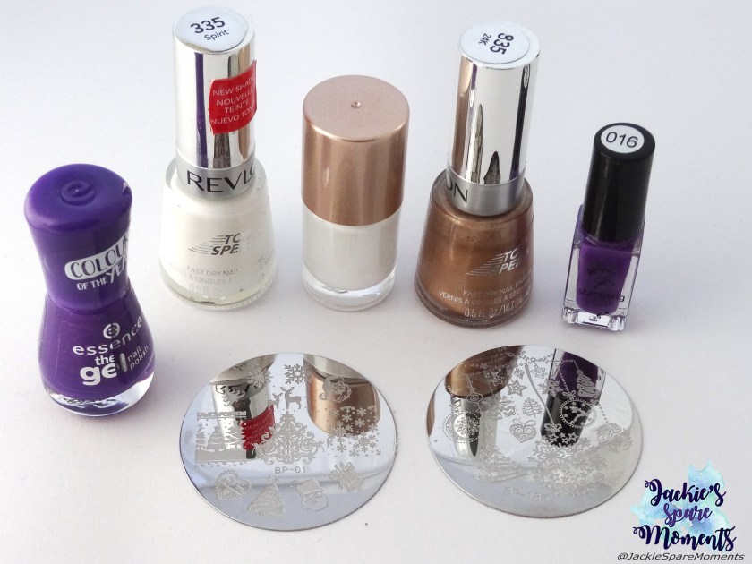 essence the gel polish 118 ultra violet, Revlon Top Speed 335 Spirit, white stamping polish, Revlon Top Speed 835 24K, Clear Jelly Stamper stamping polish number 016, BornPretty stamping plates BP-01 and BP-185