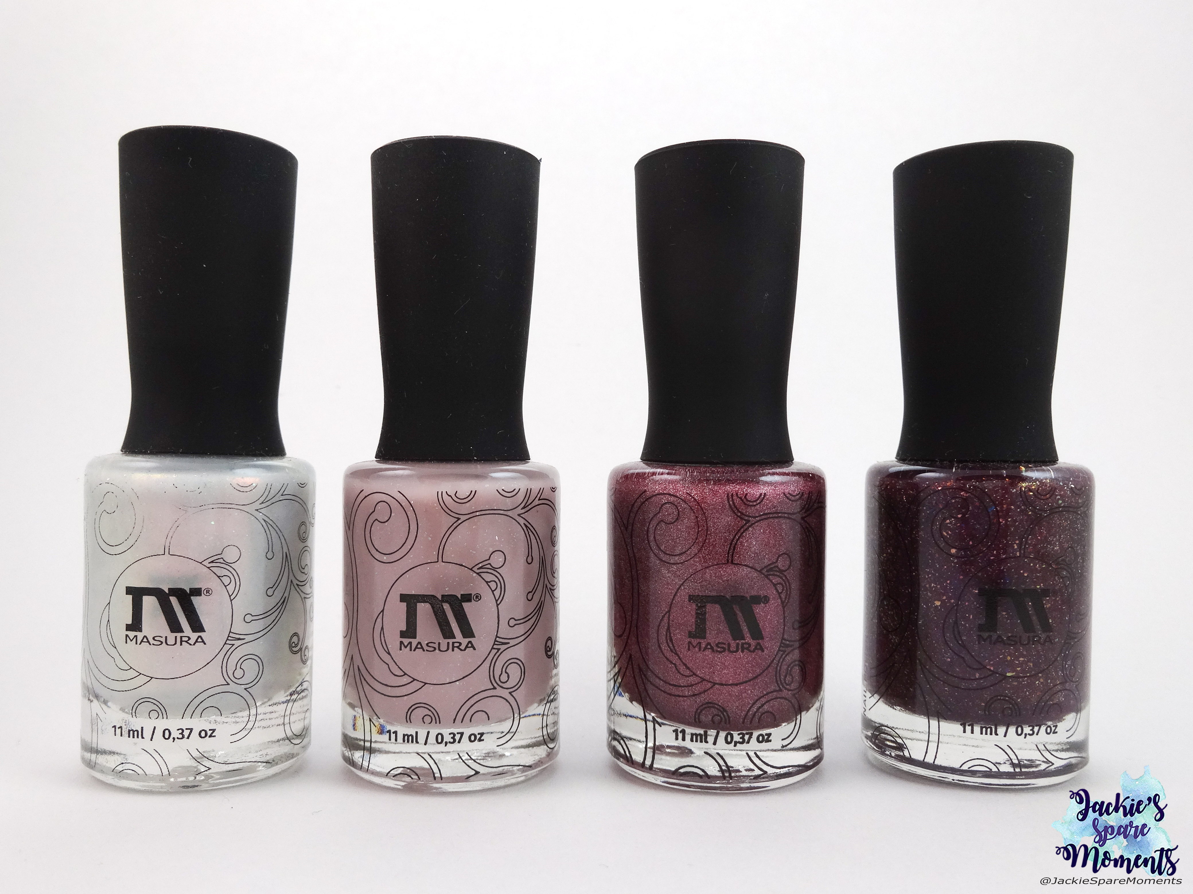 Four Masura polishes: Masura 1181 Pearly Rain, Masura 1217 La Sylphide, Masura 1235 Keeper, Masura 1178 Cat-titude