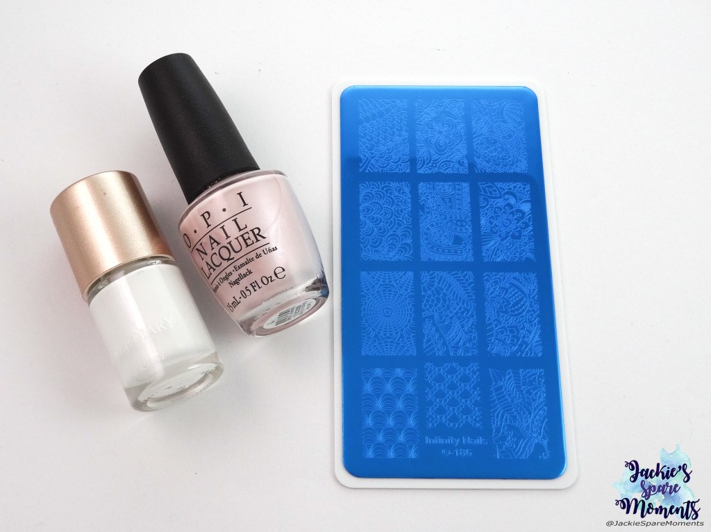 OPI Let Me Bayou A Drink, Infinity Nails 186, white stamping polish