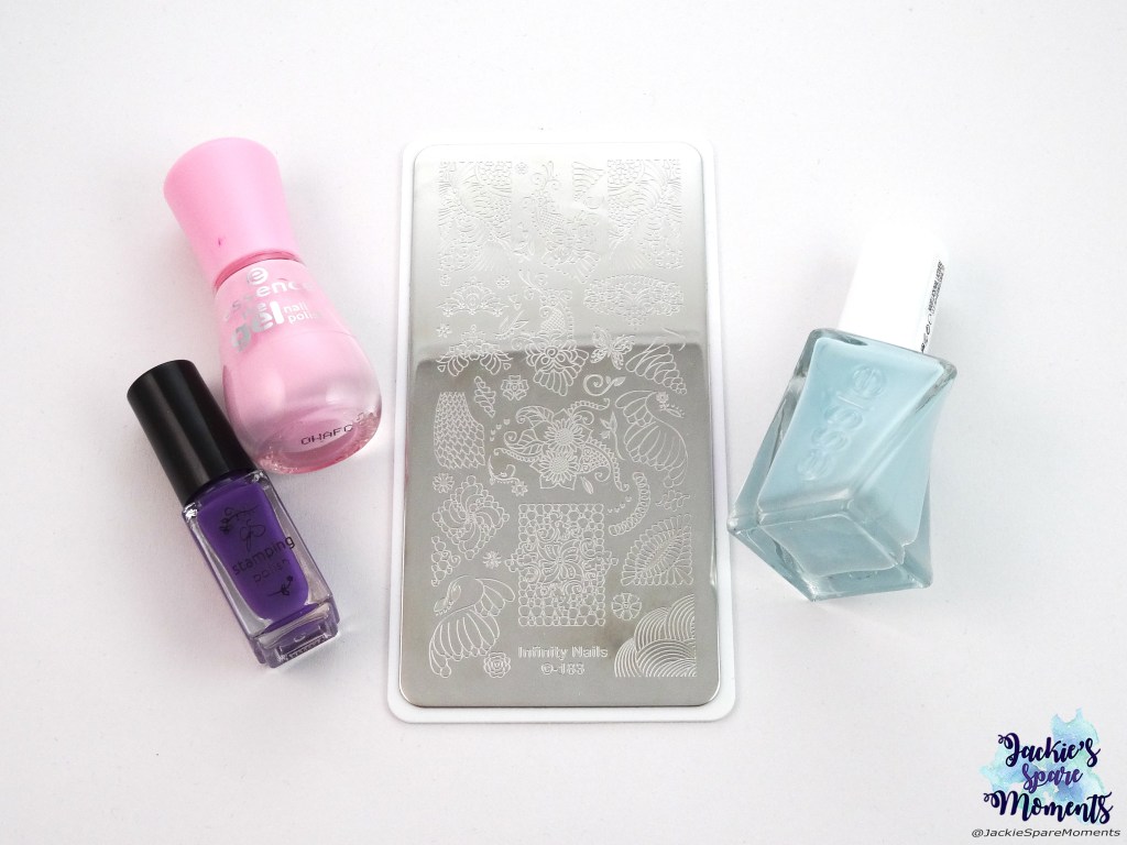 Essie Gel Couture Getting intricate, essence the gel polish 55 be awesome tonight!, Clear Jelly Stamper CJS 016, Dashica beauty shop Infinity Nails stamping plate 183