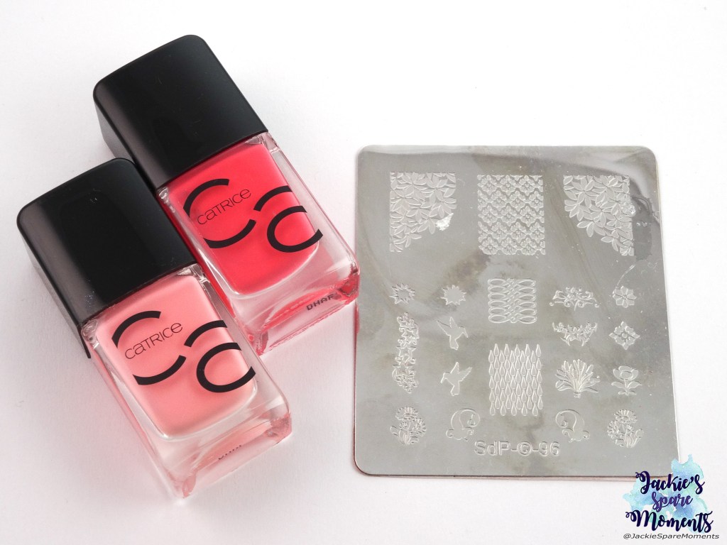 Catrice ICONails Gel Lacquer 07 Meet Me At Coral Island, Catrice ICONails Gel Lacquer 08 Catch of the Day, Dashica stamping plate SdP-96