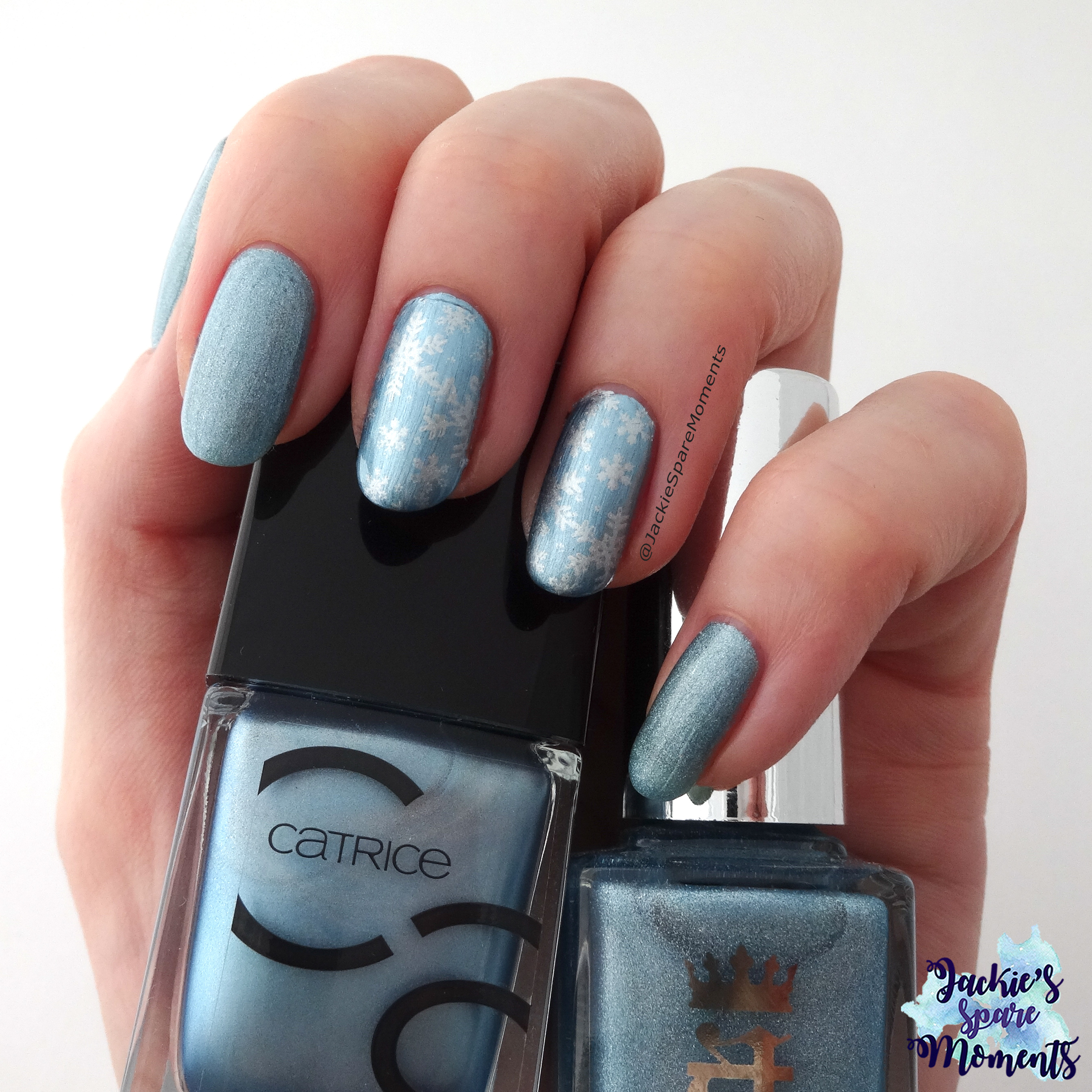 Winter snowflake mani nail art with A England Symphony in Blue and Silver, Catrice 52 Another Day, Another Blue