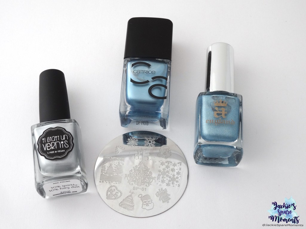 Materials used: Il était un vernis 50% sparkly, 50% fairy dust, Catrice 52 Another Day, Another Blue, A England Symphony in Blue and Silver, BornPretty stamping plate BP-01