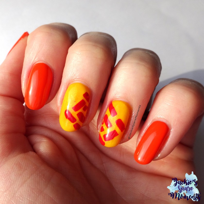 Abstract nail art in Yellow, Red and Orange