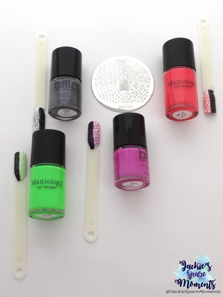 My Maniology Mystery Box, swatches of the 4 stamping polishes, storm cloud, eldorado, Rose garden, Empire club