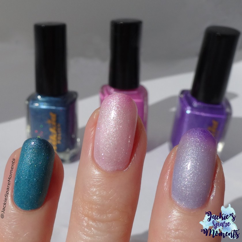 Left to right: Wikkid polish Holiday Mode (holo thermal), Coconut Ice (thermal), Stepping out with Iris (thermal)