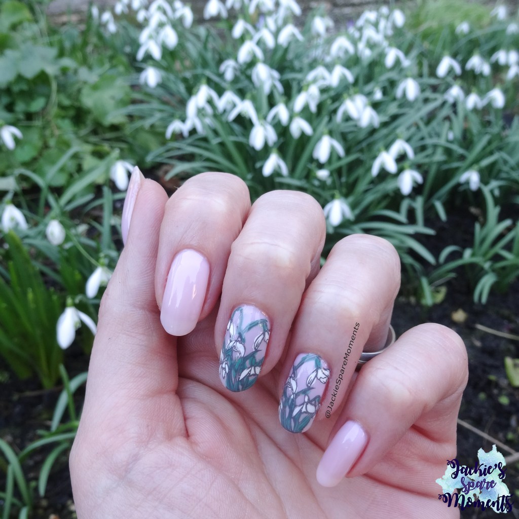 Snowdrop nail art with snowdrops in the background