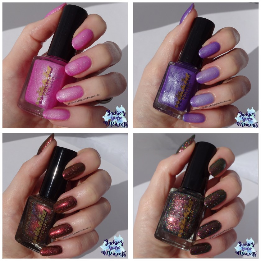 Four swatches Wikkid polish, Coconut Ice, Stepping out with Iris, Pallene and Helene