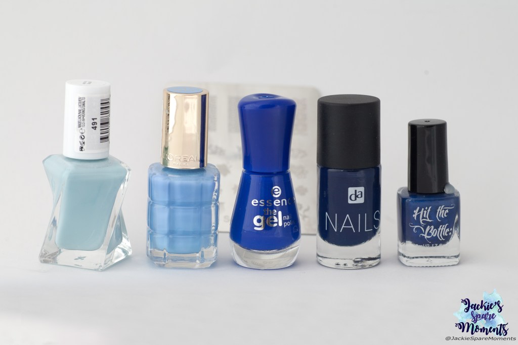 Materials used: Essie Gel Couture Getting Intricate, L'Oreal 671 Monsieur Blue, essence the gel nail polish 31 electriiiiiic, DA Nails 032 Navi Blue, Hit the bottle stamping polish Navy Jones's Locker, Dashica stamping plate SdP-85
