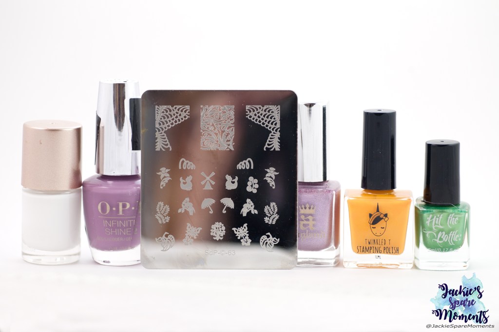 Materials used: white stamping polish, OPI One Heckla of a Color!, A England A Midsummer's Night Dream, Twinkled T Stamping polish Saucey, Hit the bottle stamping polish Cactus Juice, Dashica stamping plate SdP-63