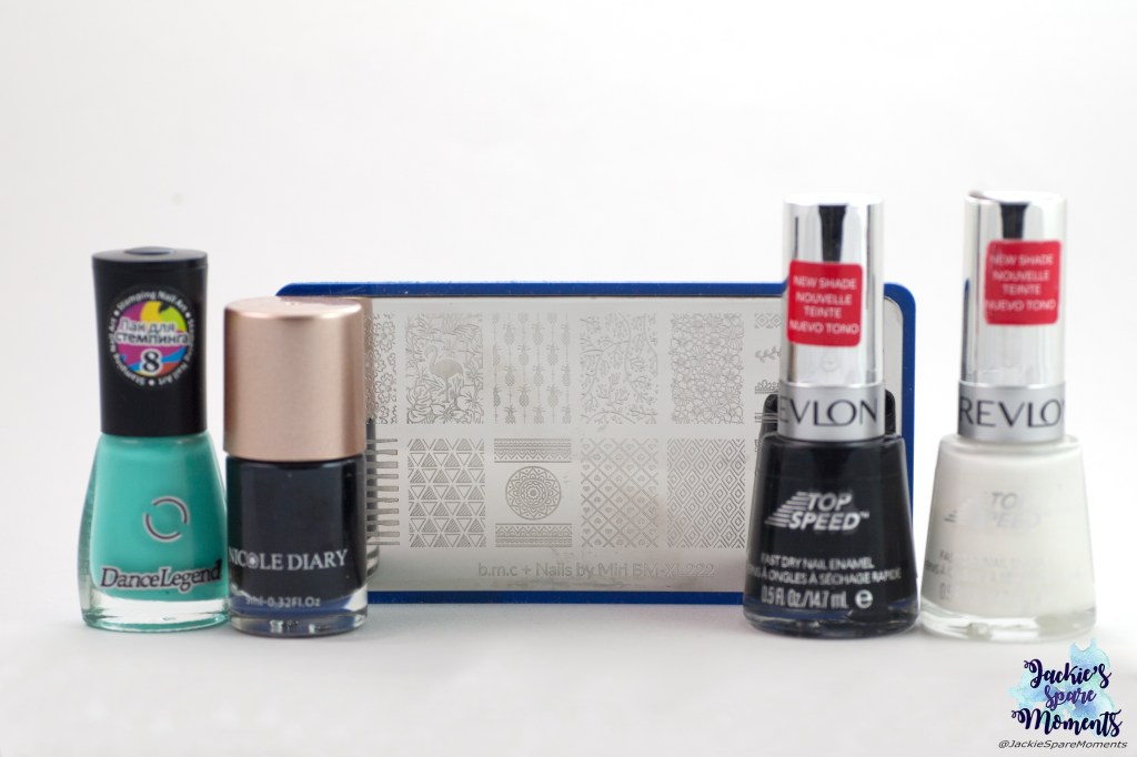 Materials used: DanceLegend stamping polish Mint, black stamping polish, Maniology stamping plate BM-XL222, Revlon black magic, Revlon 335 Spirit