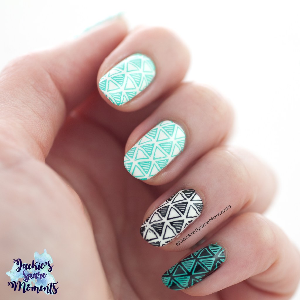 Abstract nail art in Black, White and Mint with Maniology plate BM-XL222 in collaboration with Nail by Miri