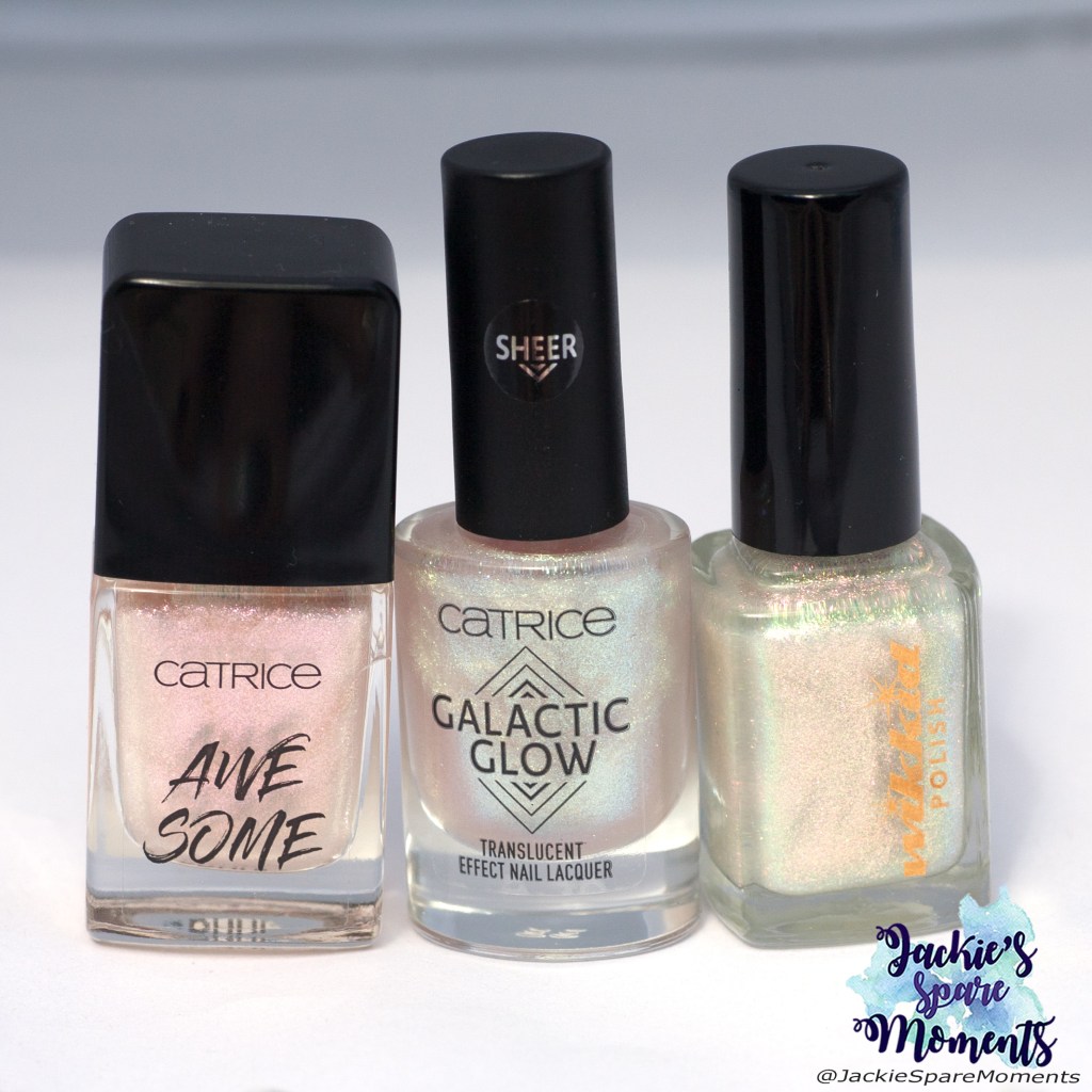 My three transparent toppers left to right: Catrice ICONails 62 I Love Being Yours, Catrice Galactic Glow 01 Night-Time Stargazing, Wikkid Polish Air