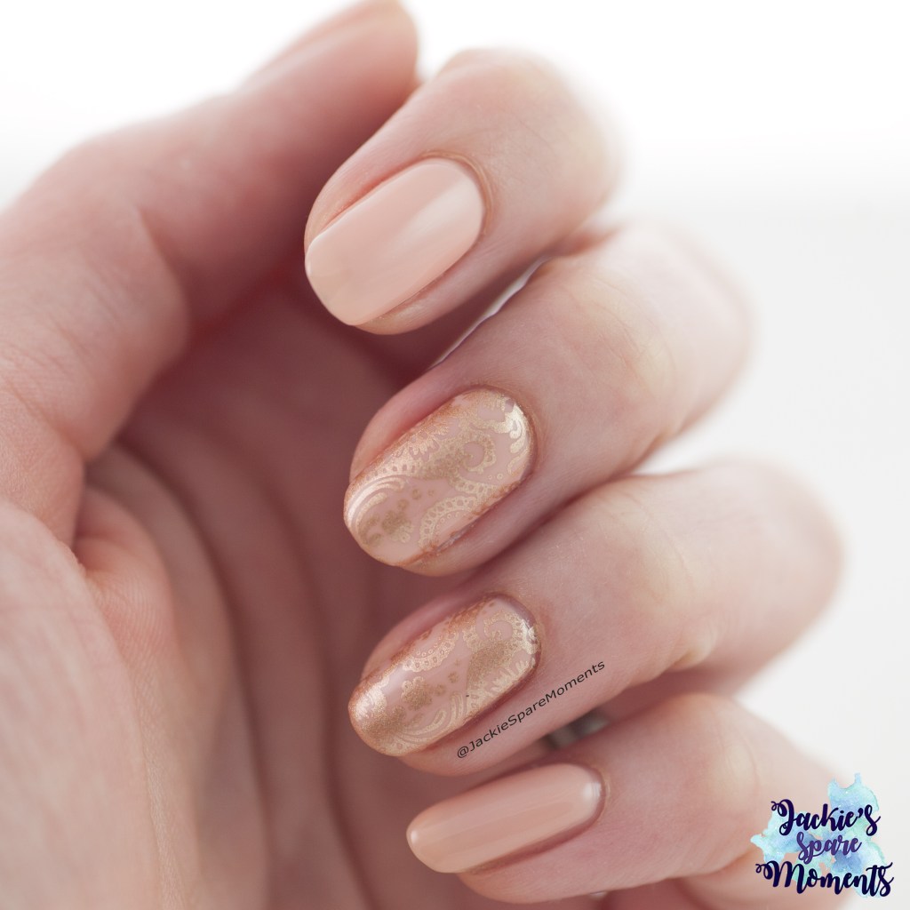 Nude coloured nails with gold stamping