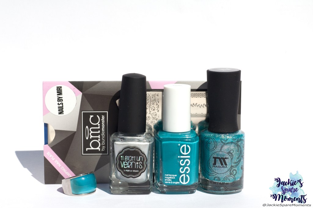 Materials used: Il était un vernis 50% sparkly, 50% fairy dust, Essie Garden Variety, Masura Waterfall, Maniology stamping plate BM-XL222